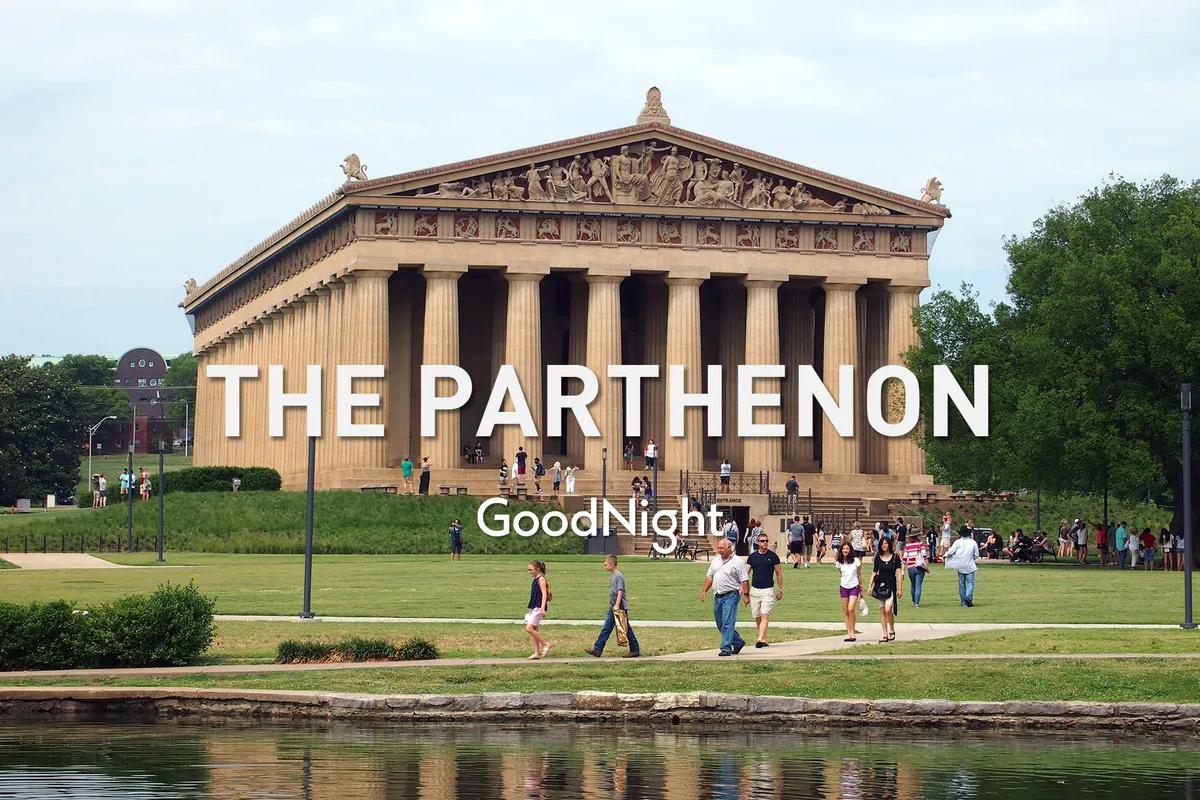 This image captures the iconic Parthenon structure in Centennial Park, surrounded by green lawns and groups of visitors enjoying the outdoors. The scene exudes a sense of exploration and community engagement, perfectly aligning with nearby family-friendly attractions.
